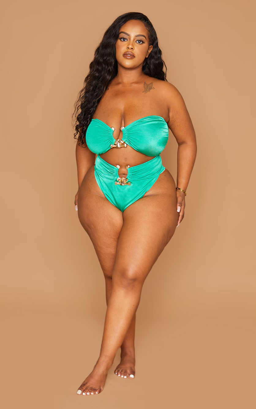 New PrettyLittleThing Plus Green Hammered Trim Bikini Bottoms
